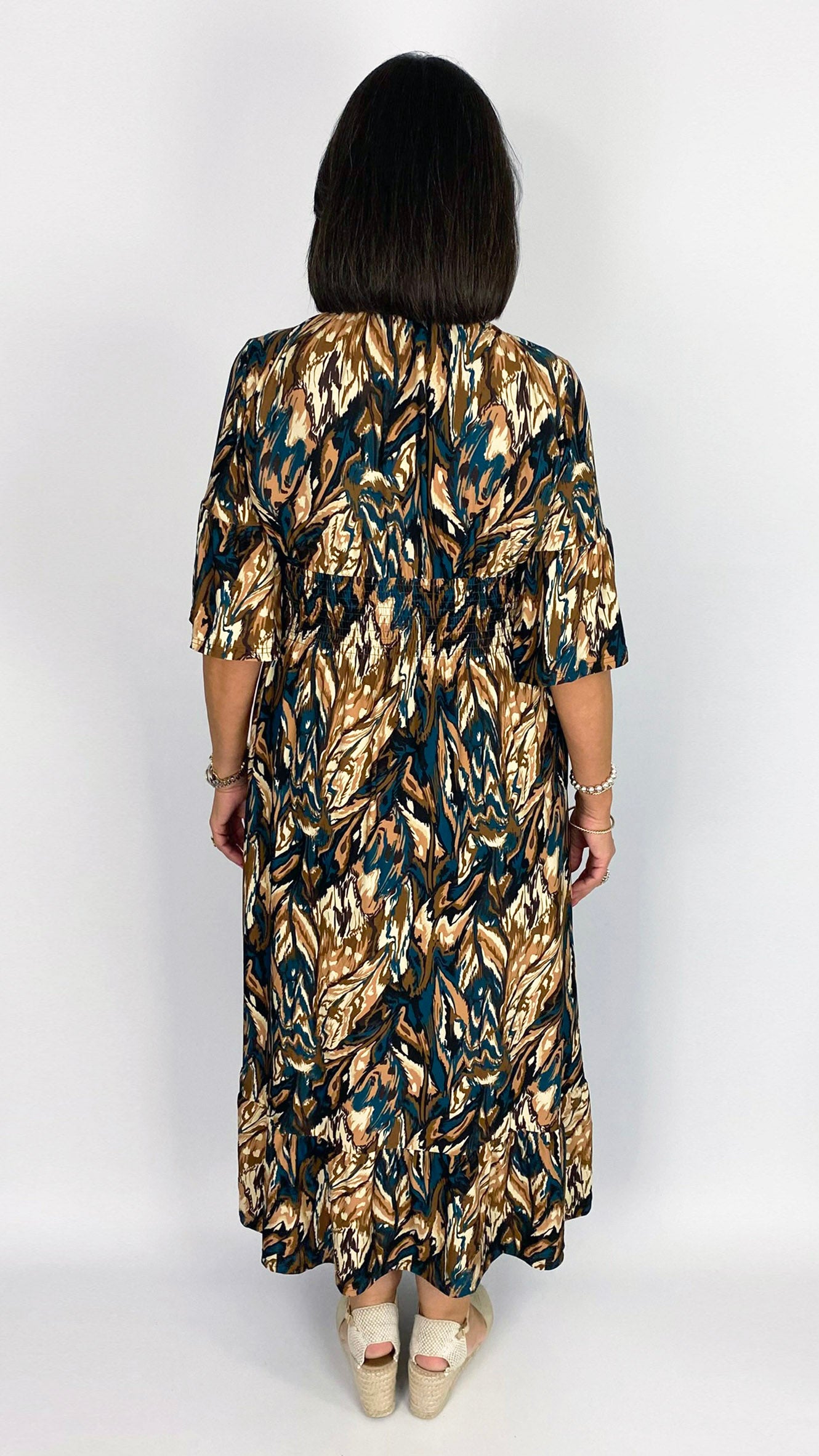 Elasticated v-neck midaxi dress | Chocolate/Teal