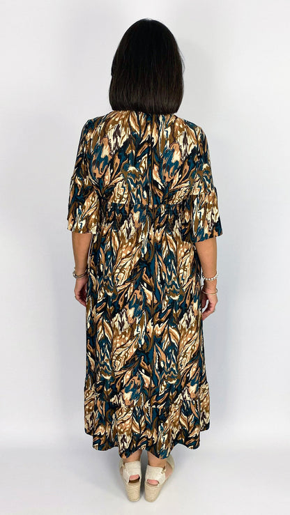 Elasticated v-neck midaxi dress | Chocolate/Teal
