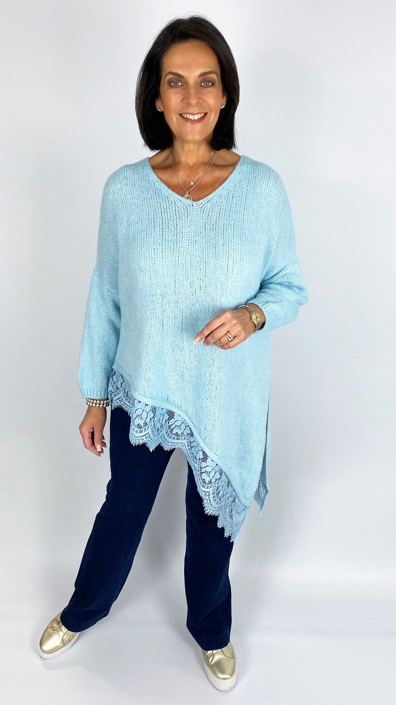 Lace trim asymmetric split side jumper | 4 Colours
