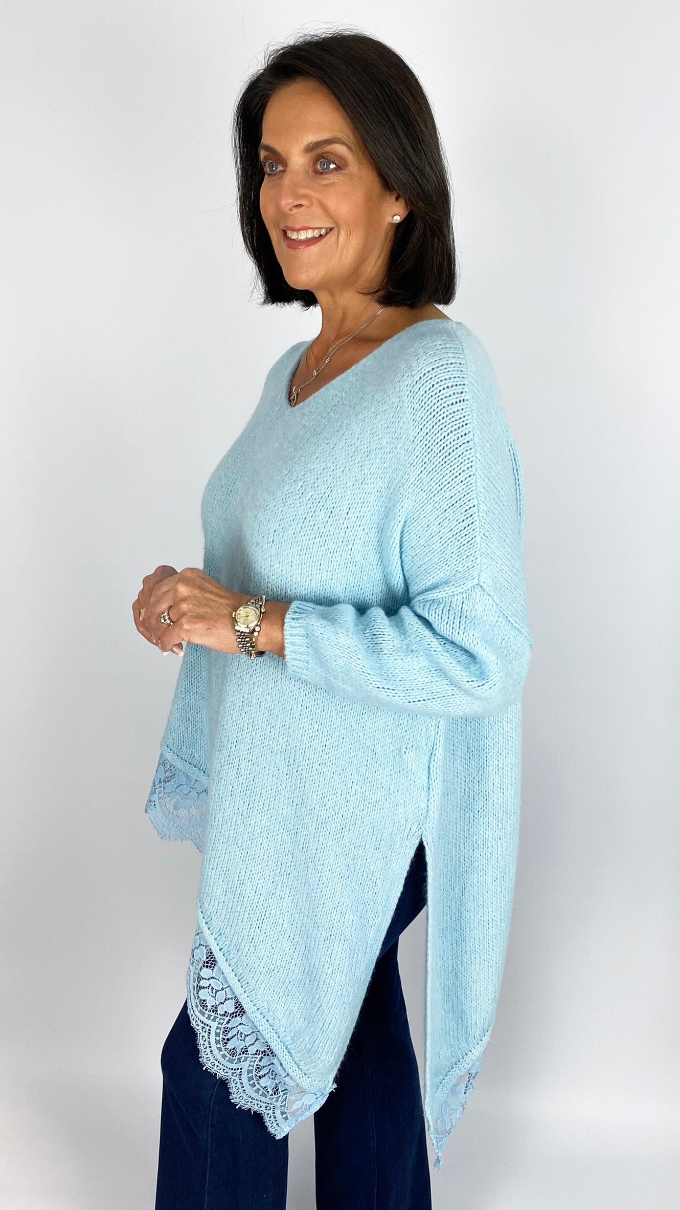 Lace trim asymmetric split side jumper | 4 Colours