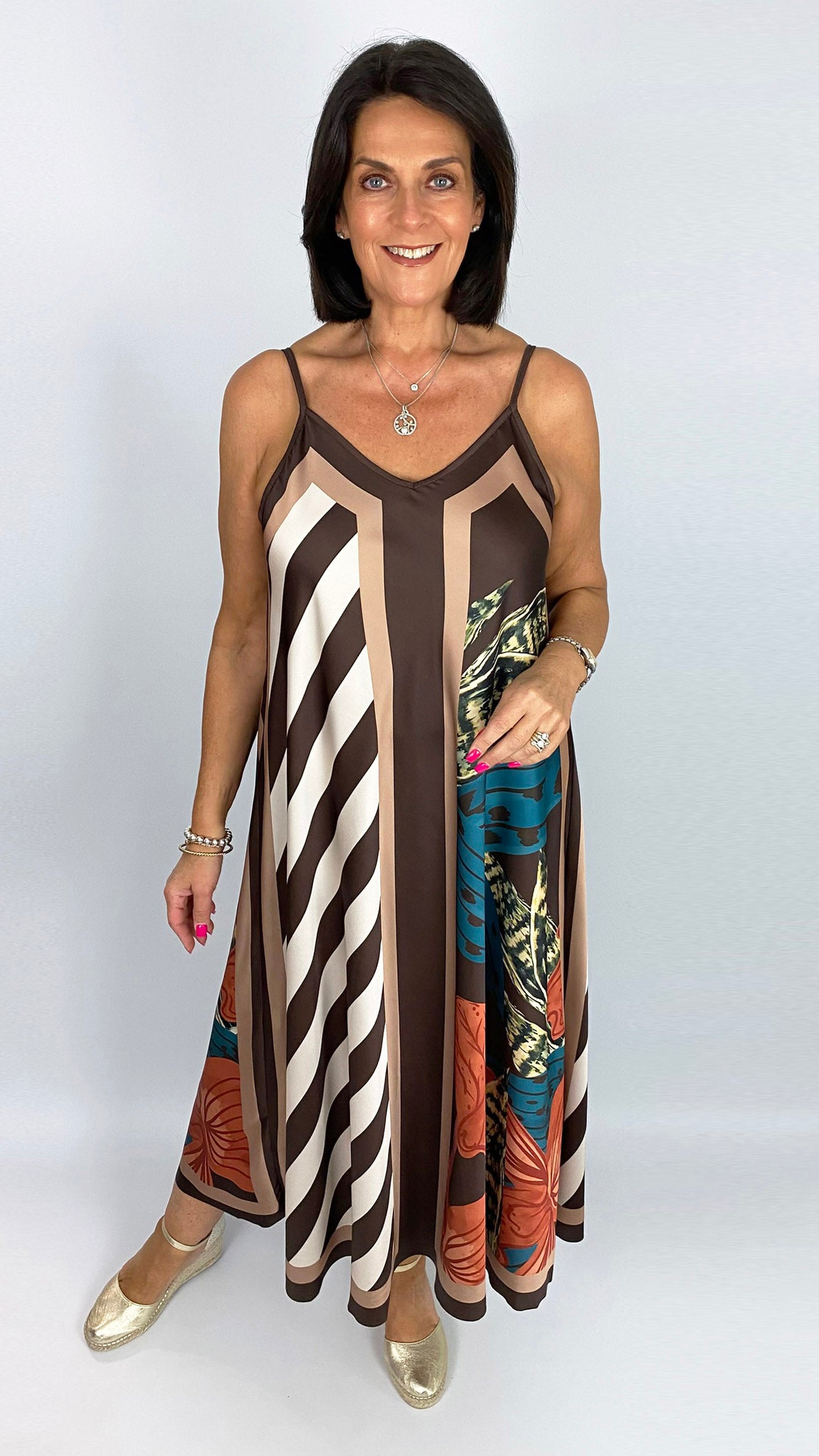 Flowers & stripes strappy satin-feel dress | 5 Colours
