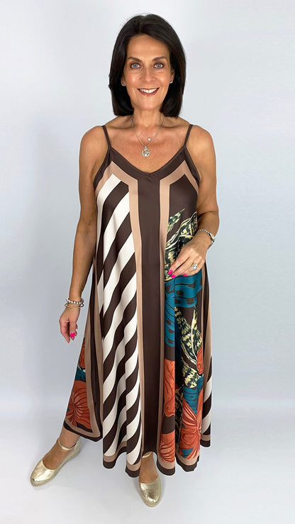 Flowers & stripes strappy satin-feel dress | 5 Colours