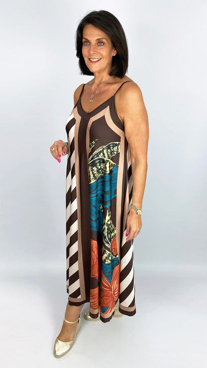 Flowers & stripes strappy satin-feel dress | 5 Colours