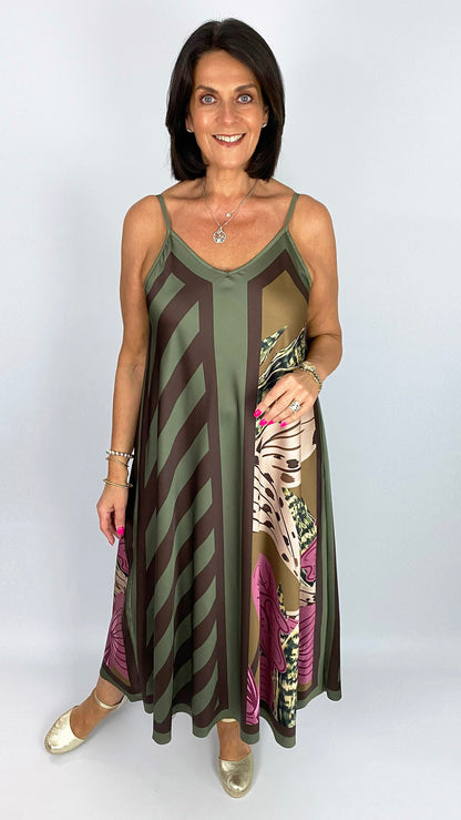 Flowers & stripes strappy satin-feel dress | 5 Colours