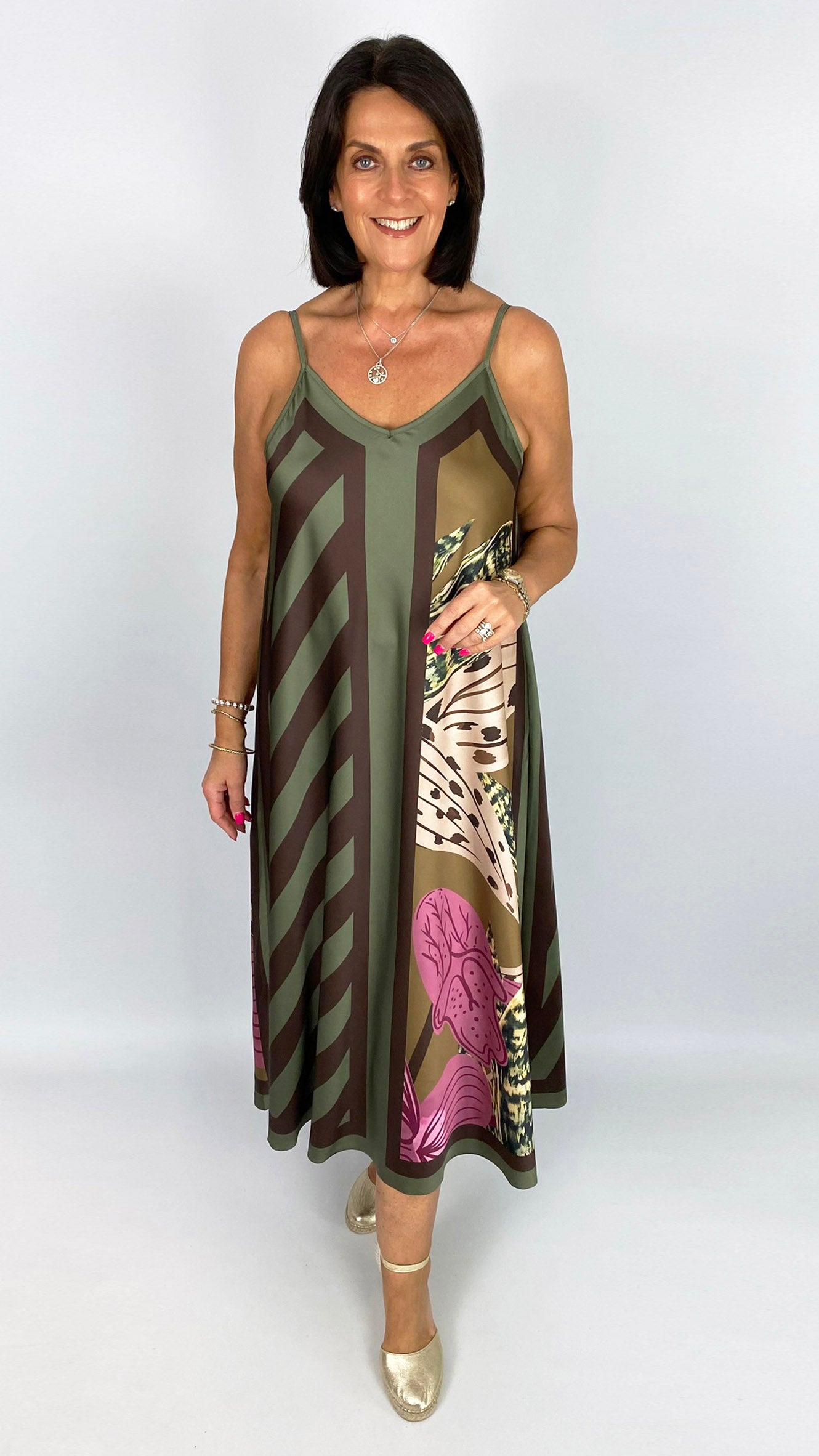 Flowers & stripes strappy satin-feel dress | 5 Colours