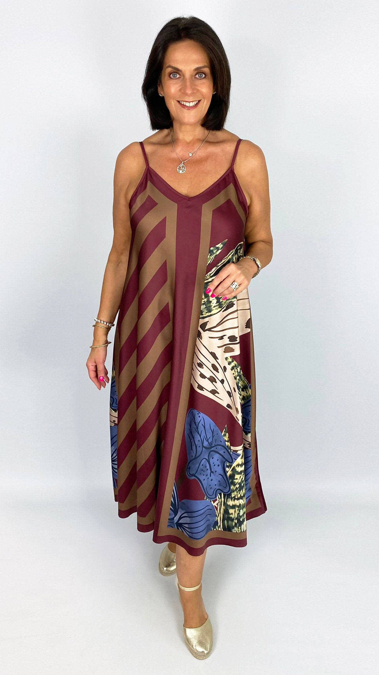 Flowers & stripes strappy satin-feel dress | 5 Colours