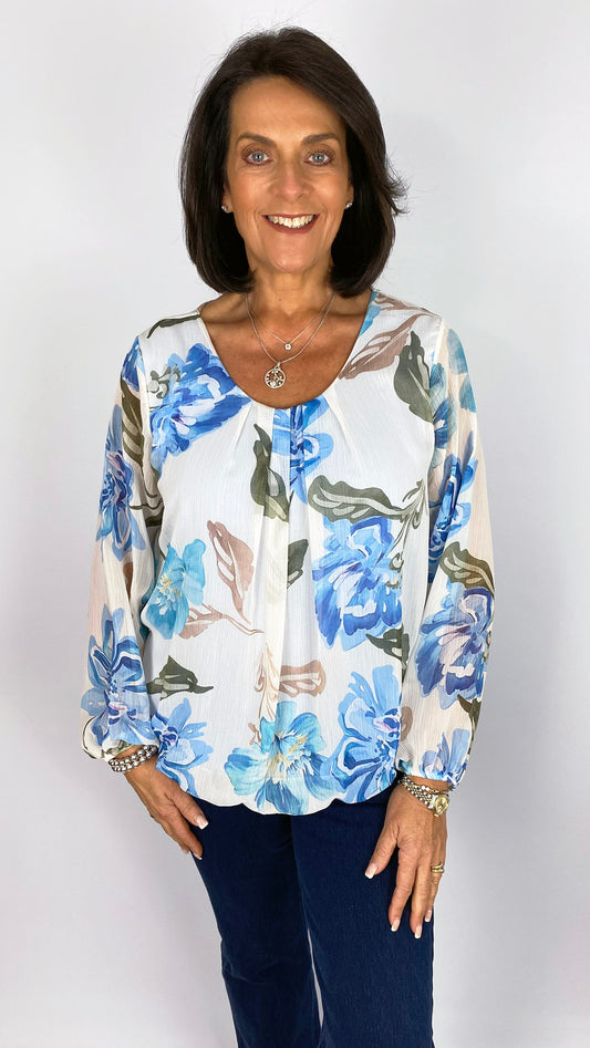 Floral print gathered hem chiffon top | 3 Colours