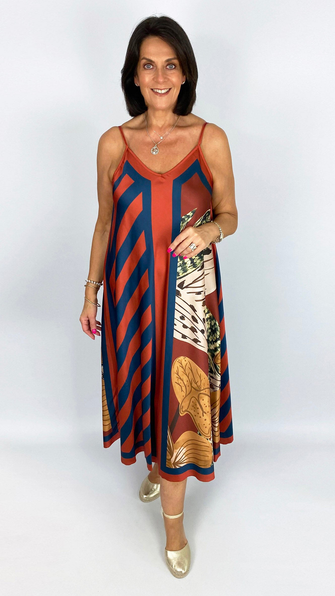 Flowers & stripes strappy satin-feel dress | 5 Colours