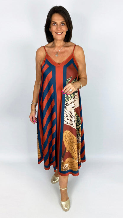 Flowers & stripes strappy satin-feel dress | 5 Colours