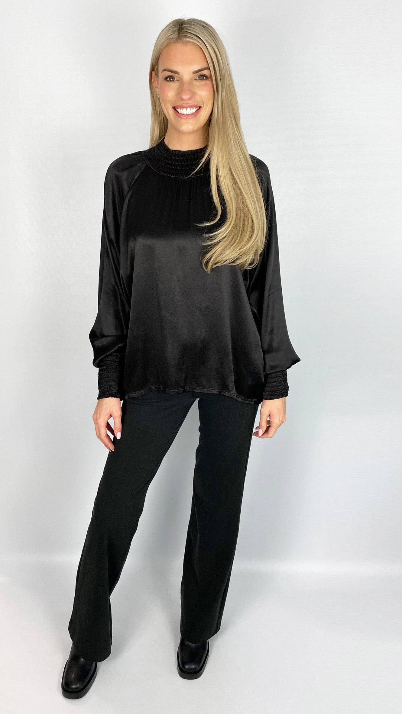 Ruched neck & cuff silky blouse (3 Colours)