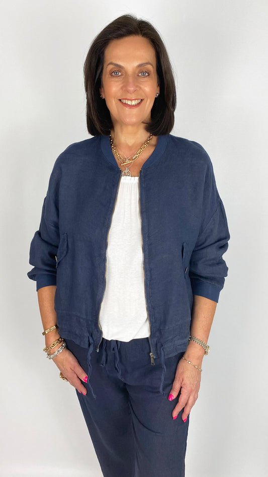 Pure linen drawstring waist bomber jacket | 4 Colours | Navy last 1