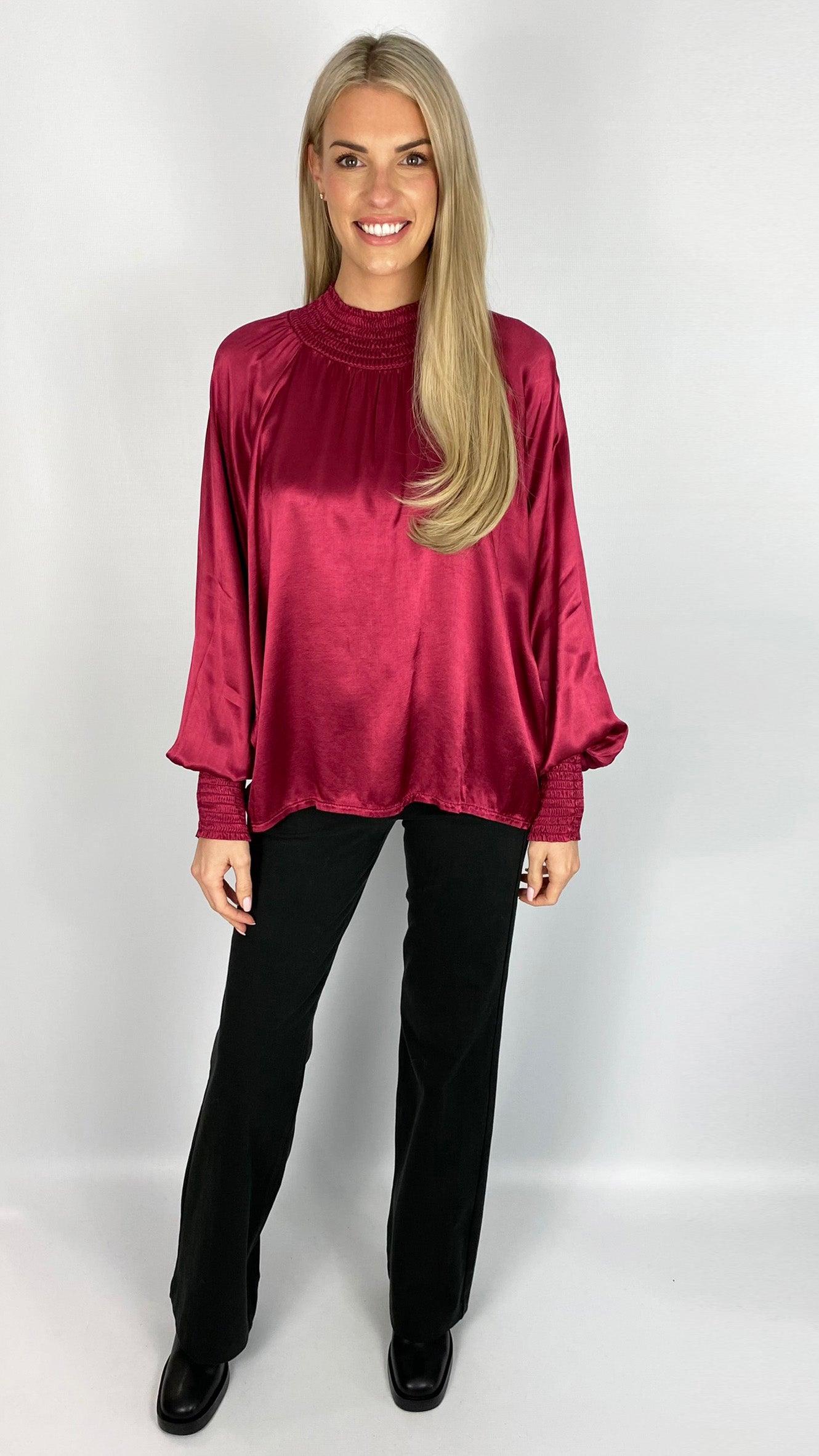 Ruched neck & cuff silky blouse (3 Colours)