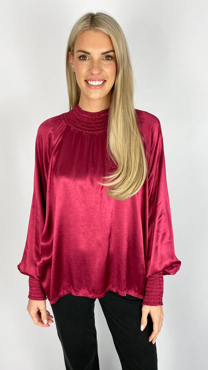 Ruched neck & cuff silky blouse (3 Colours)