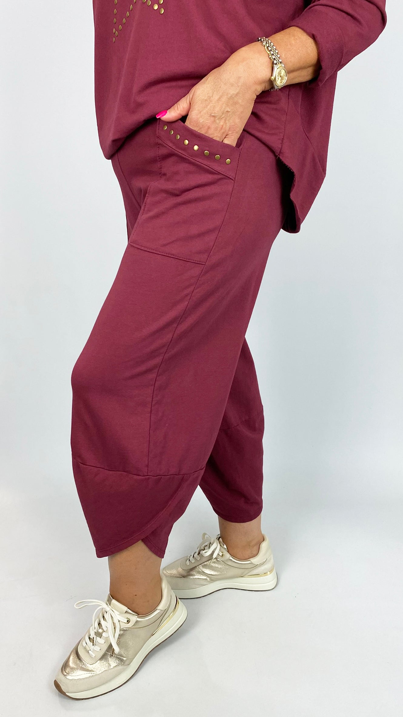 Gold studded pocket barrel-leg jogger | 4 Colours