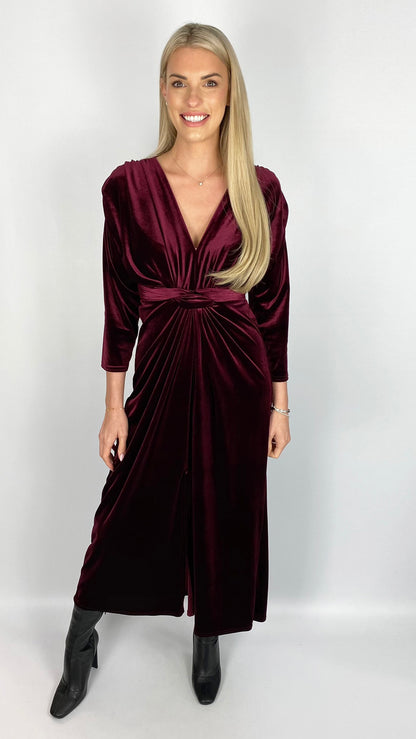 Velvet knot front v-neck midi dress (2 Colours)