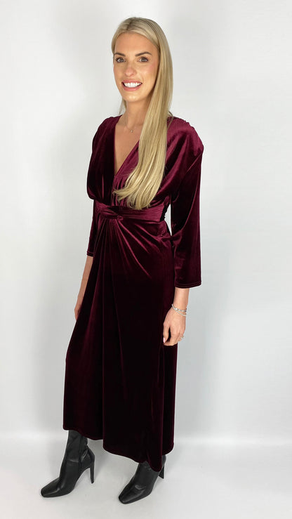 Velvet knot front v-neck midi dress (2 Colours)