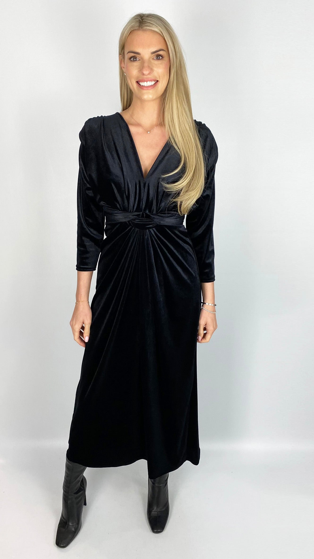 Velvet knot front v-neck midi dress (2 Colours)