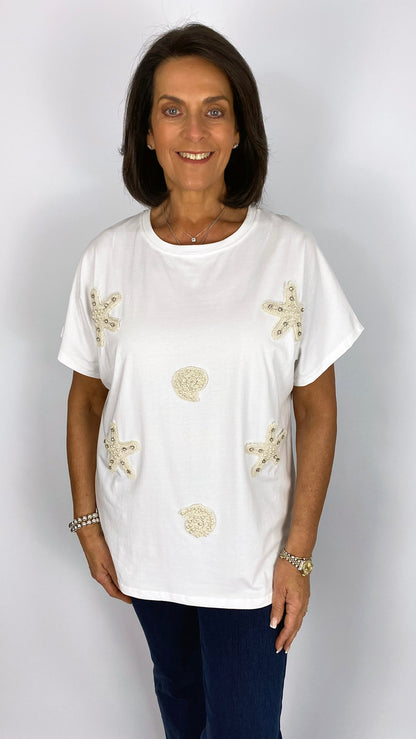 Crochet embellished starfish & shell t-shirt | White | 2 Sizes