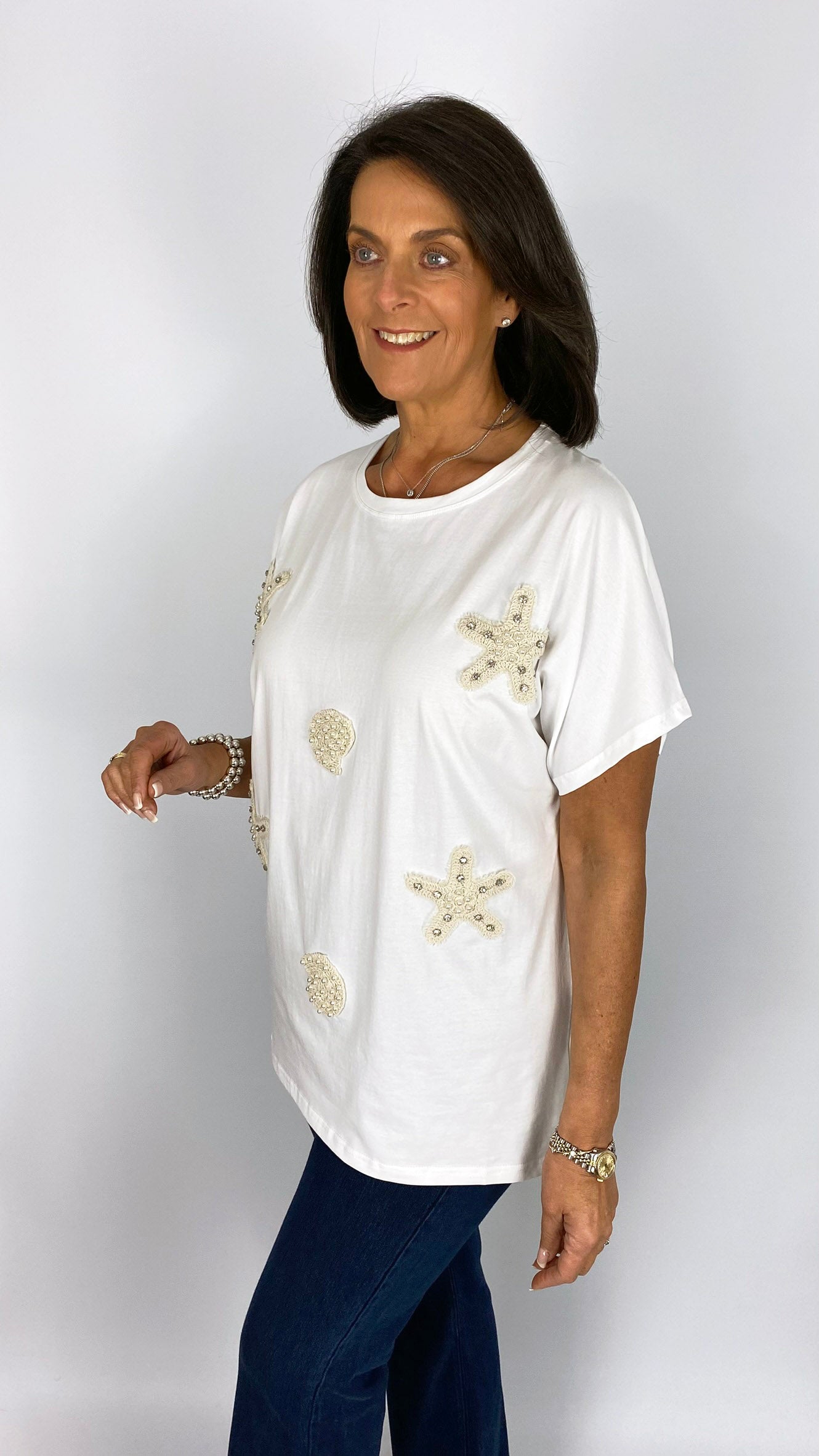 Crochet embellished starfish & shell t-shirt | White | 2 Sizes