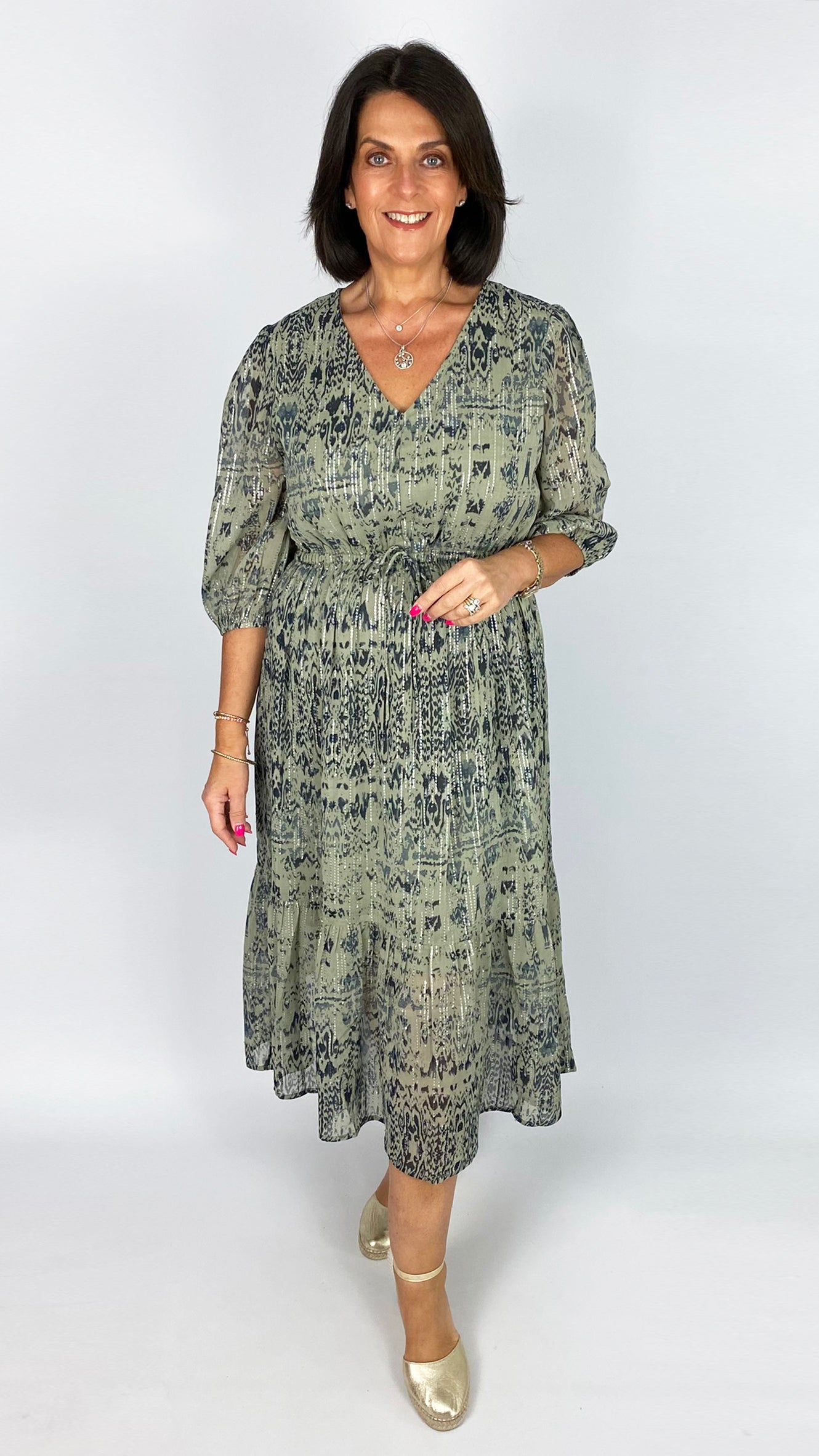 Annie aztec drawstring waist midaxi dress | Khaki
