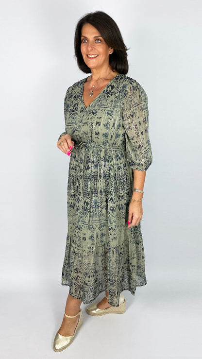 Annie aztec drawstring waist midaxi dress | Khaki