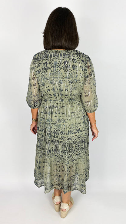 Annie aztec drawstring waist midaxi dress | Khaki