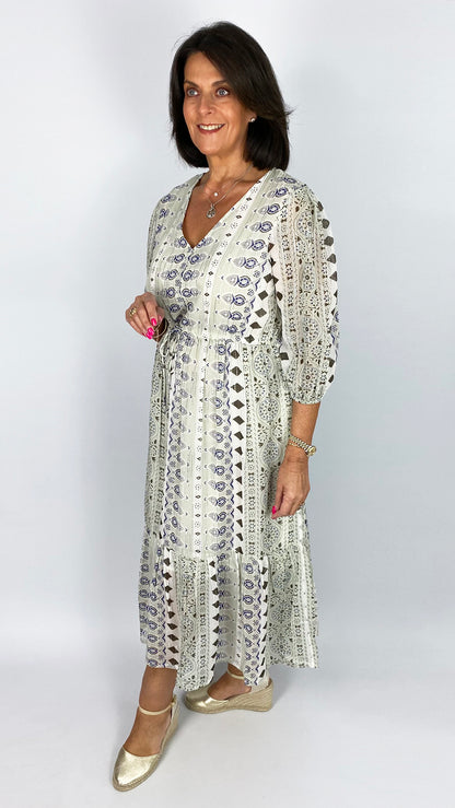 Annie aztec drawstring waist midaxi dress | Mint/White