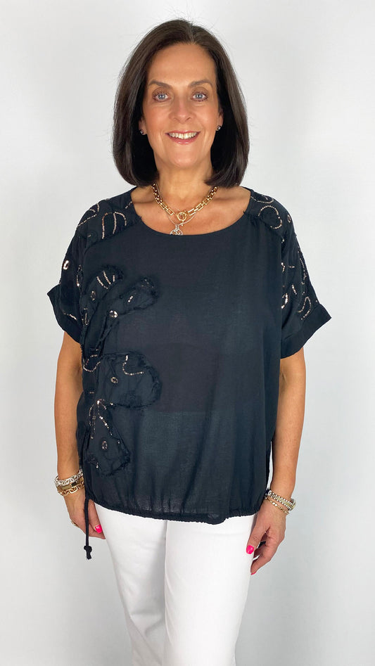 Cotton & linen sequin sunflower drawstring side top| 3 Colours