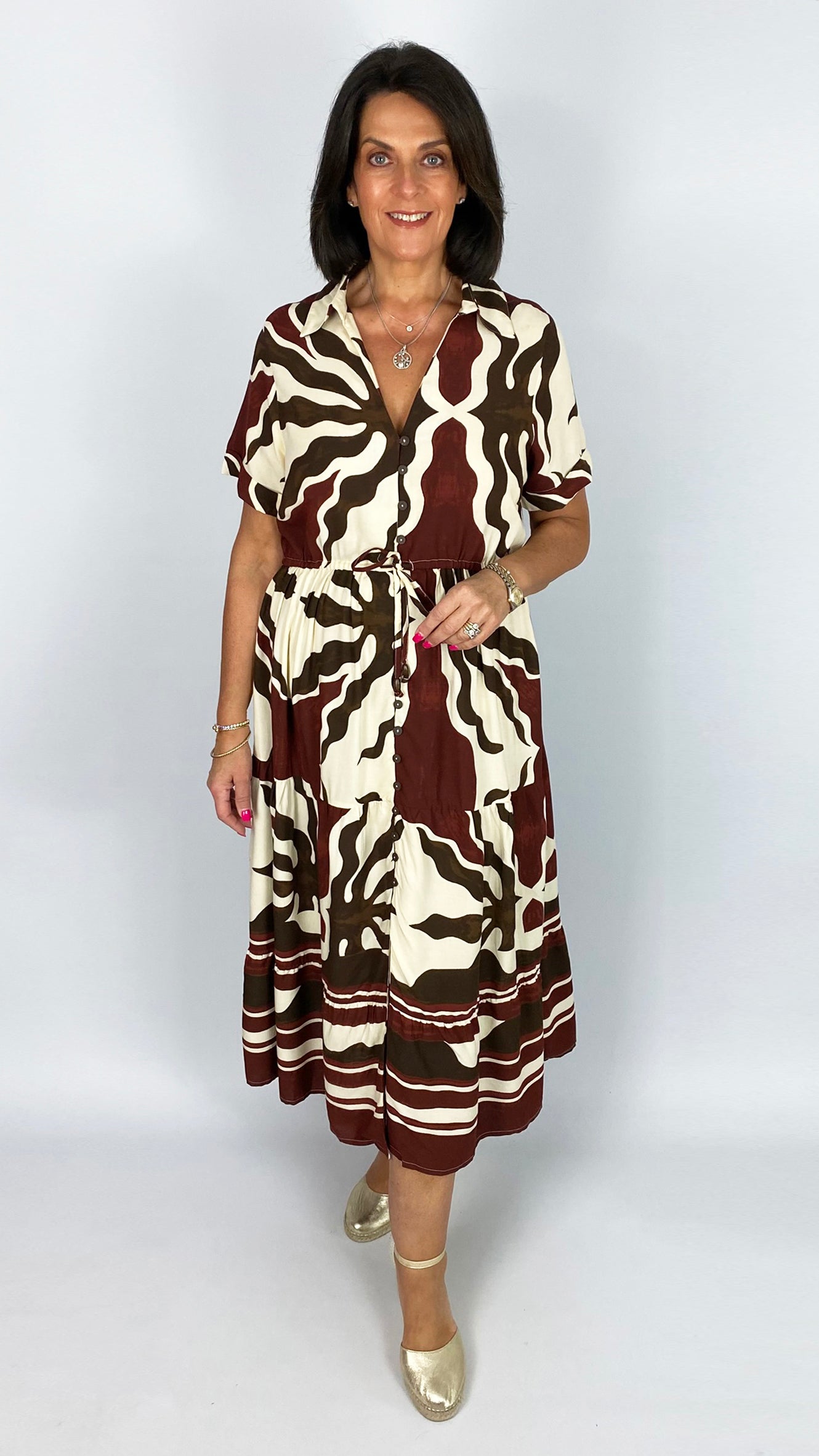 Gabriella button-through print shirtdress | Wine/Chocolate/Cream