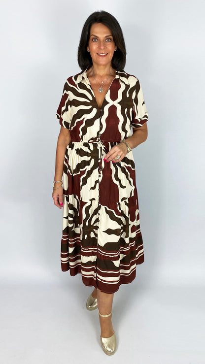 Gabriella button-through print shirtdress | Wine/Chocolate/Cream