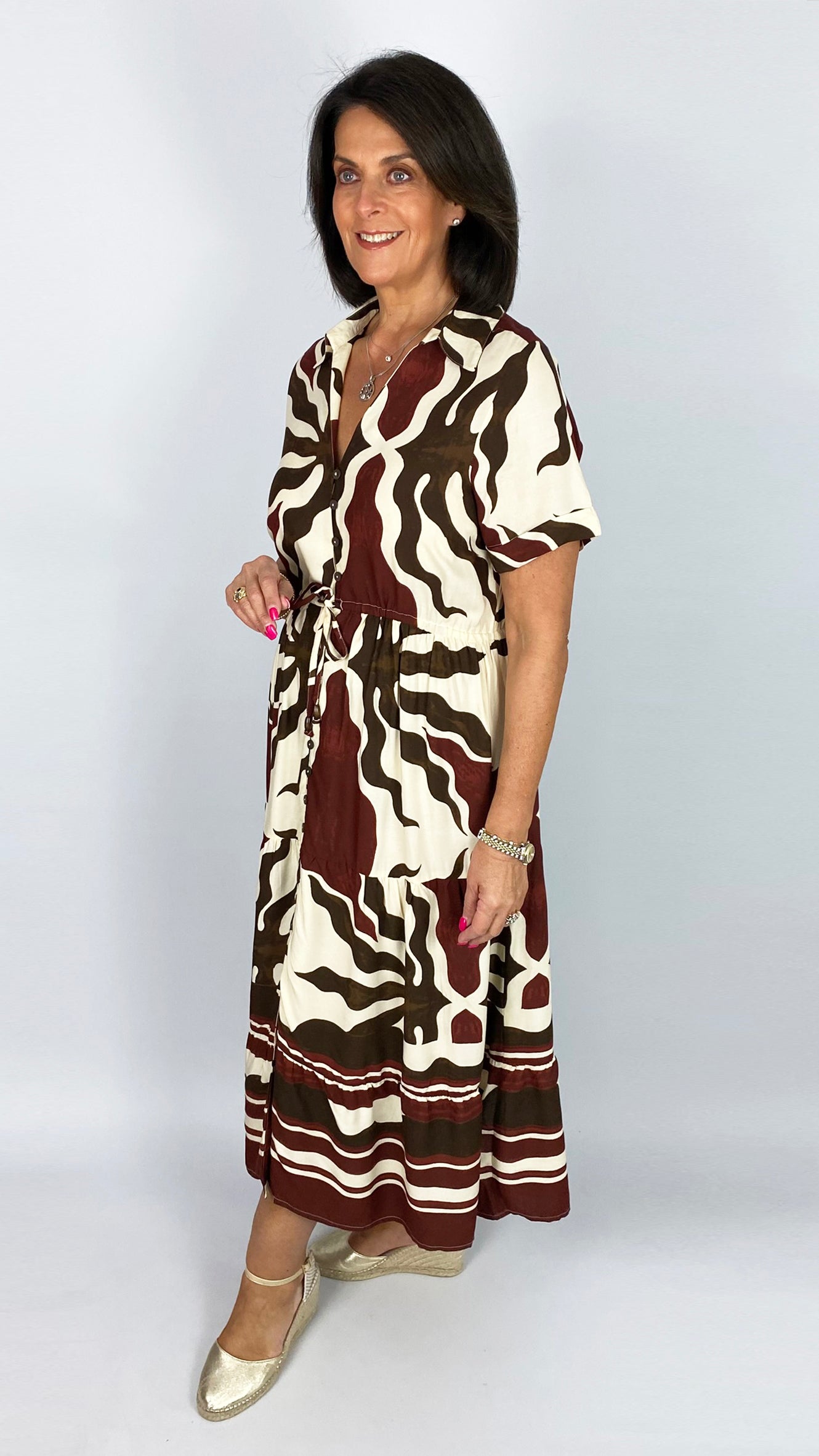Gabriella button-through print shirtdress | Wine/Chocolate/Cream