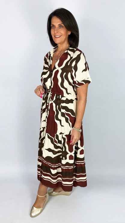 Gabriella button-through print shirtdress | Wine/Chocolate/Cream