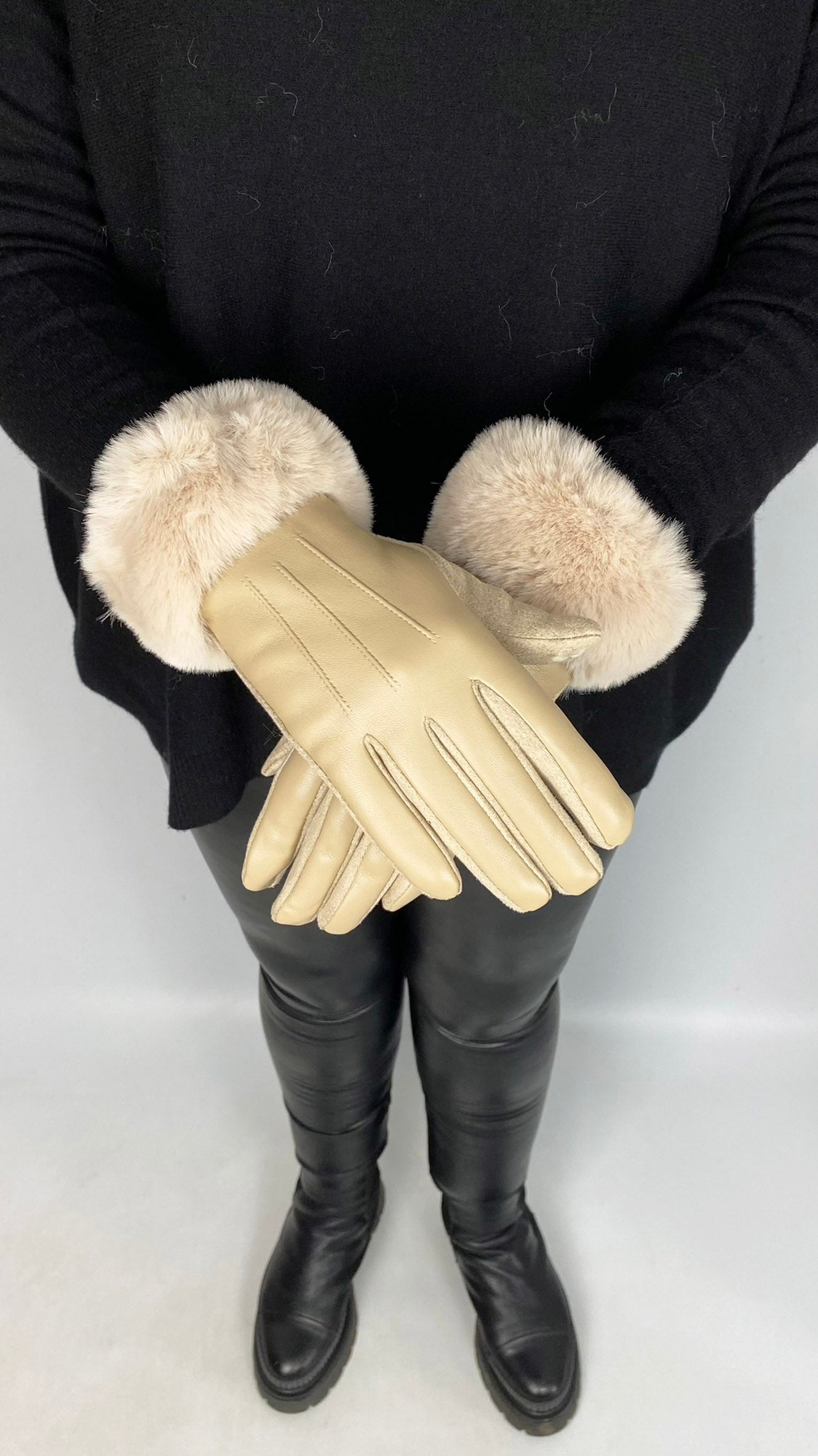 Faux leather & faux fur trimmed gloves (4 Colours)