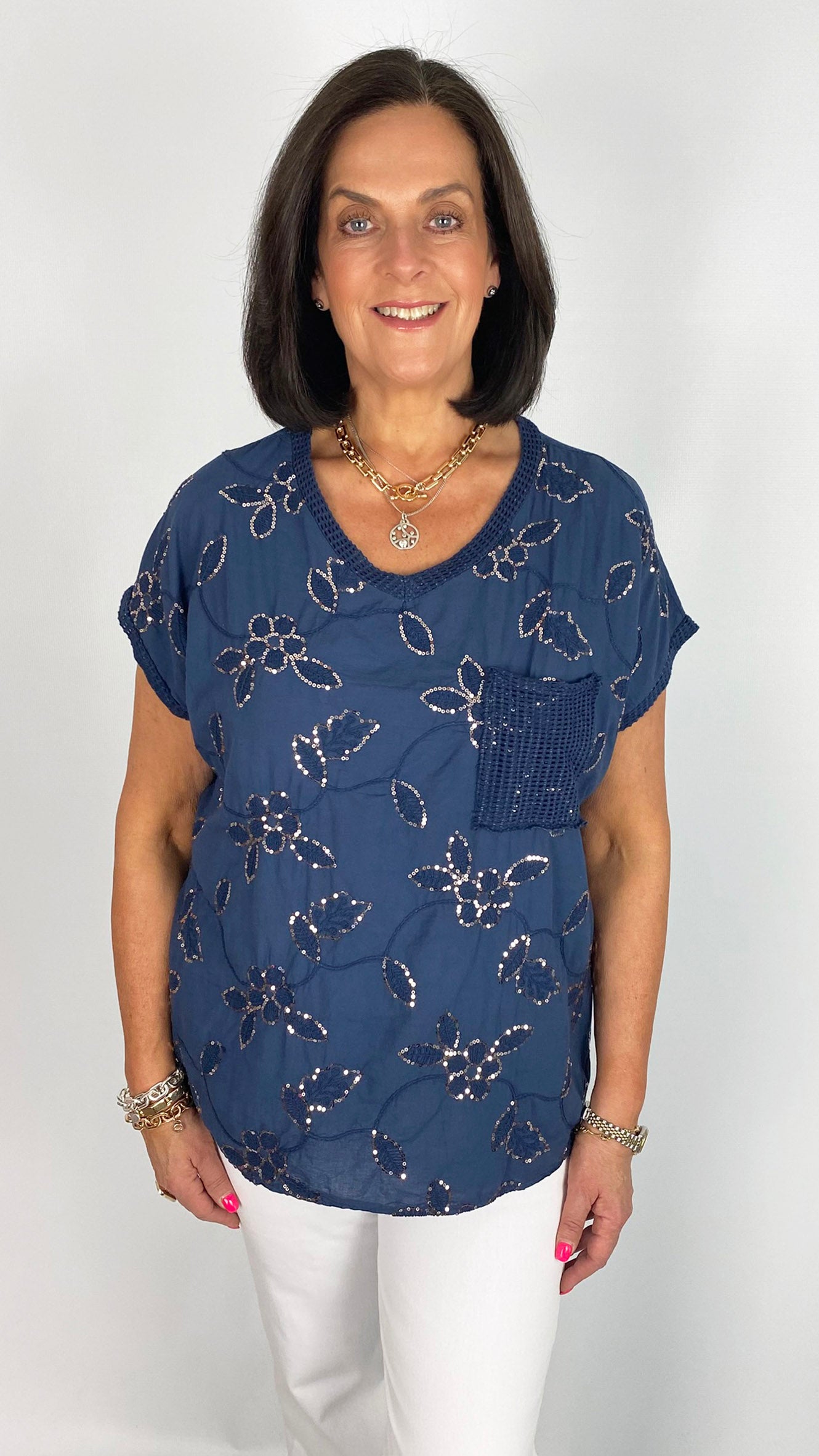 Mesh & sequin embellished cotton top | 4 Colours