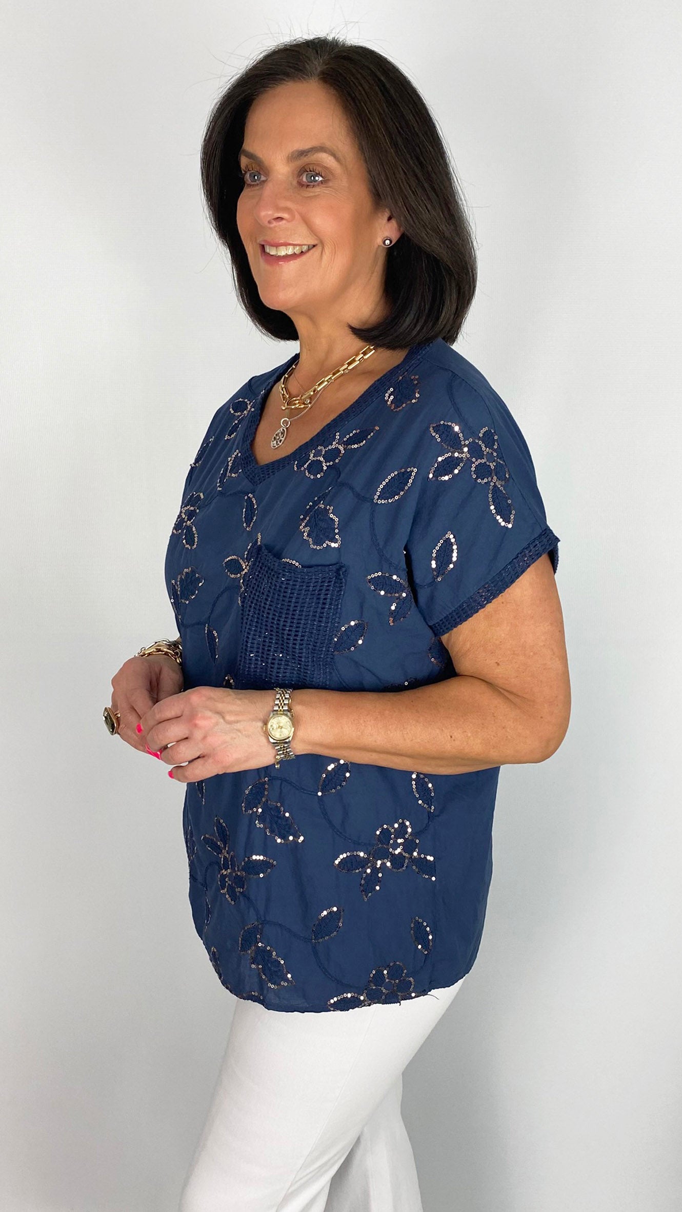 Mesh & sequin embellished cotton top | 4 Colours