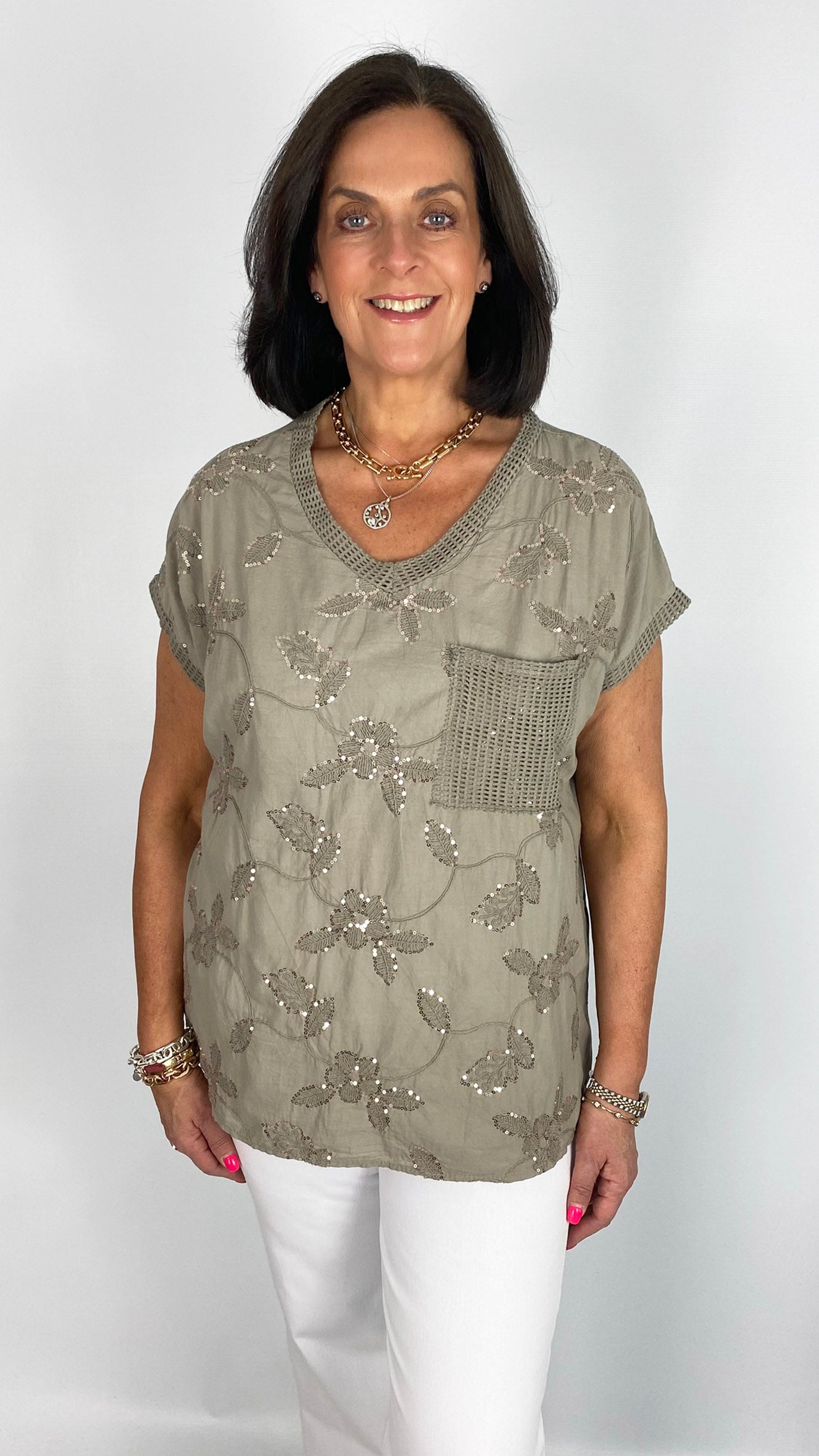 Mesh & sequin embellished cotton top | 4 Colours