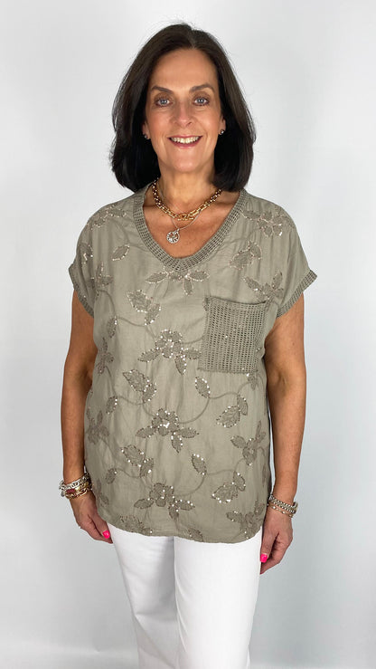 Mesh & sequin embellished cotton top | 4 Colours