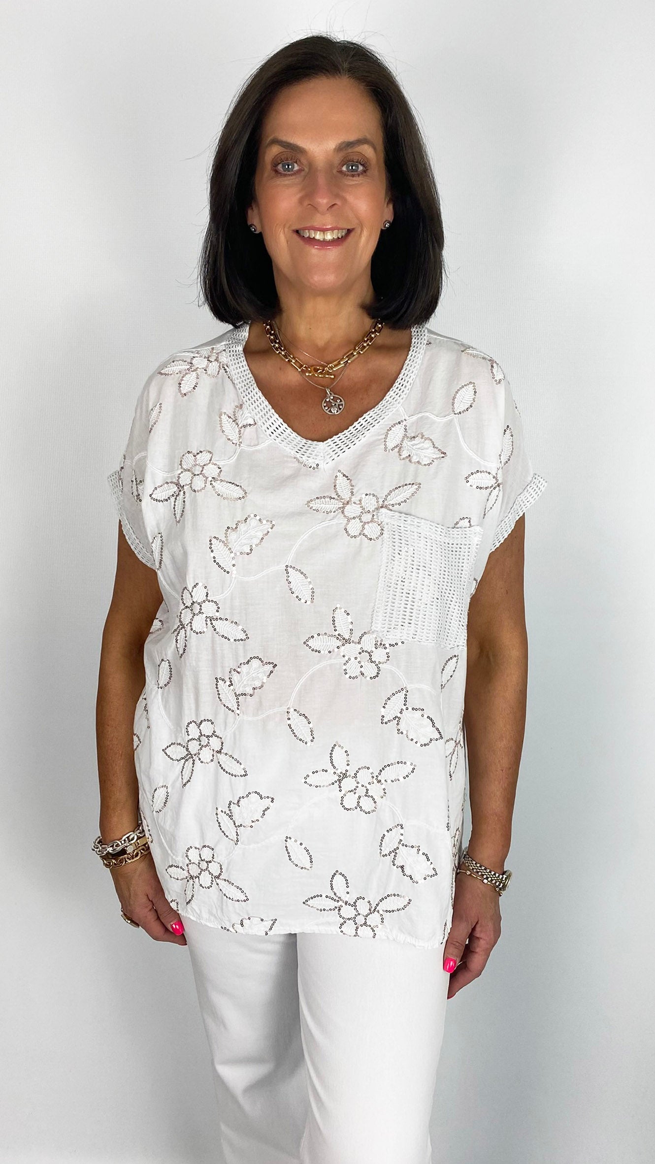 Mesh & sequin embellished cotton top | 4 Colours