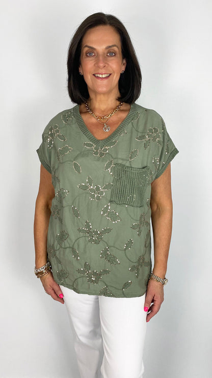 Mesh & sequin embellished cotton top | 4 Colours