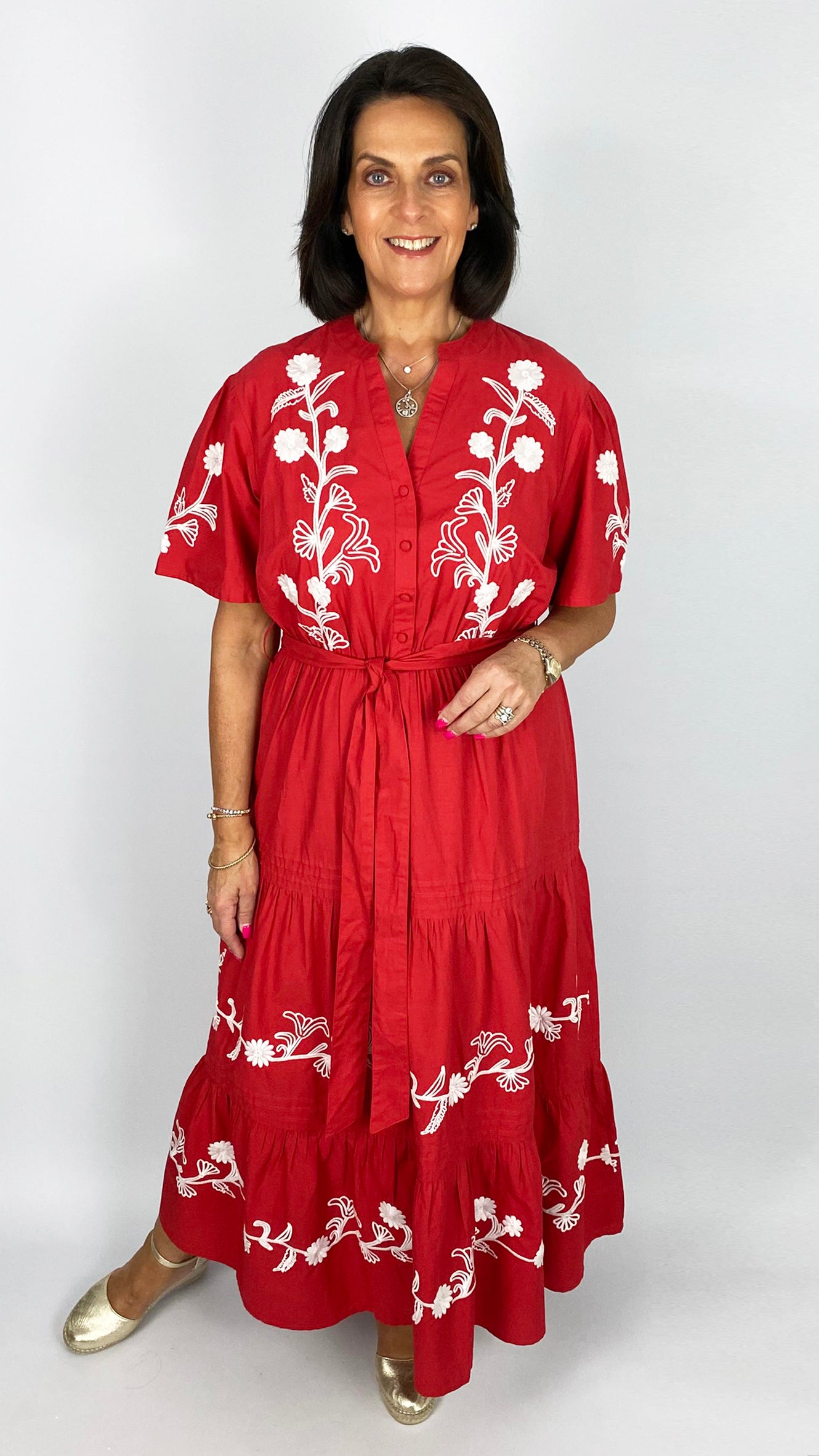 Love floral embroidered tiered dress | Red