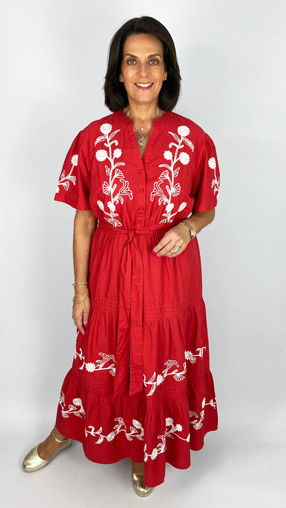 Love floral embroidered tiered dress | Red