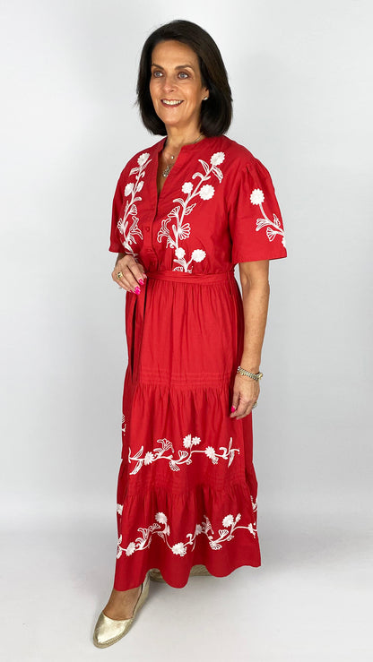 Love floral embroidered tiered dress | Red