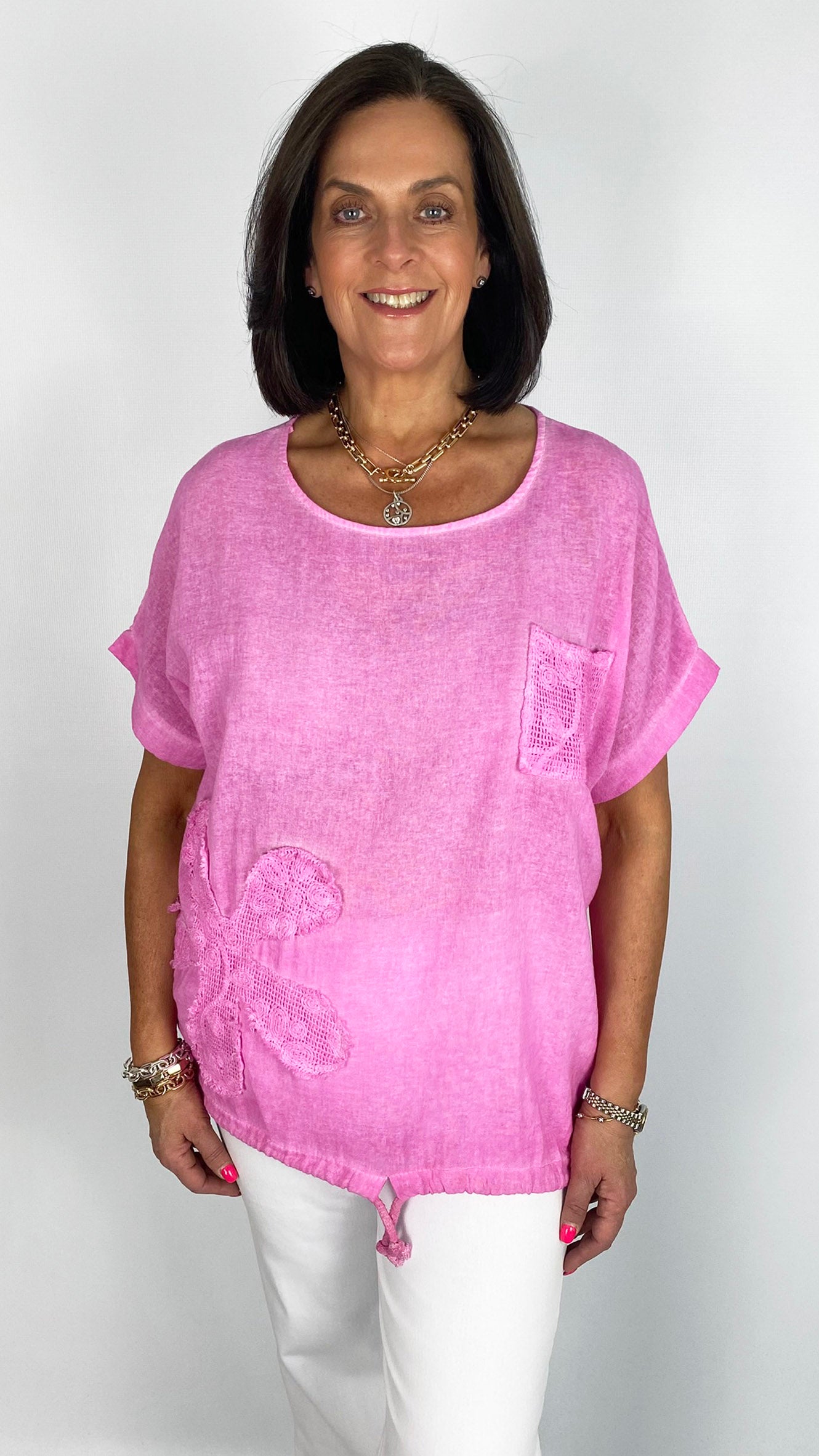 Cotton & linen mesh pocket & flower drawstring top| 4 Colours