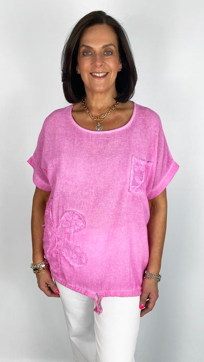 Cotton & linen mesh pocket & flower drawstring top| 4 Colours