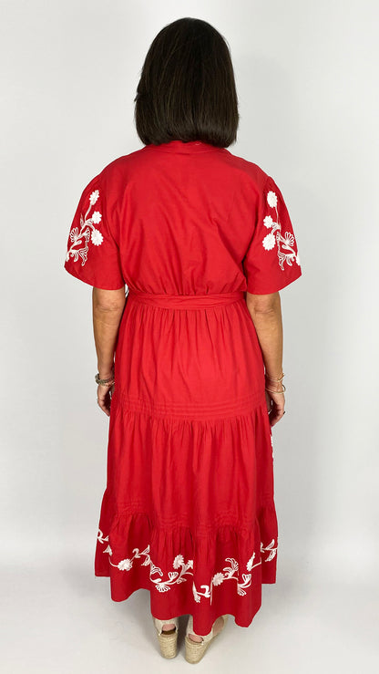 Love floral embroidered tiered dress | Red