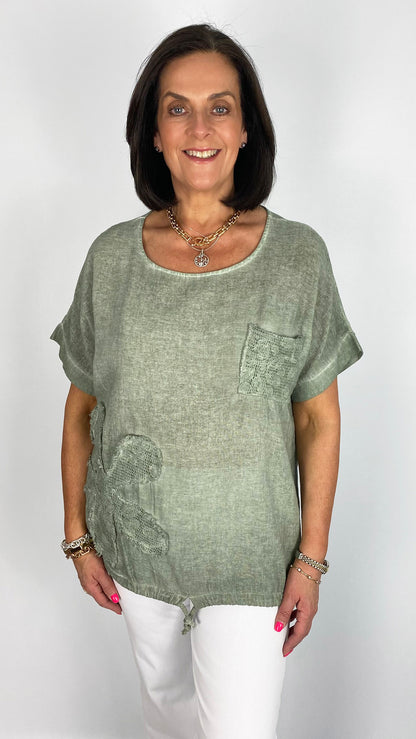 Cotton & linen mesh pocket & flower drawstring top| 4 Colours