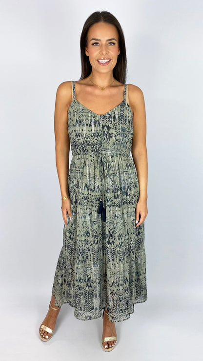 Landra aztec drawstring waist strappy dress | Khaki