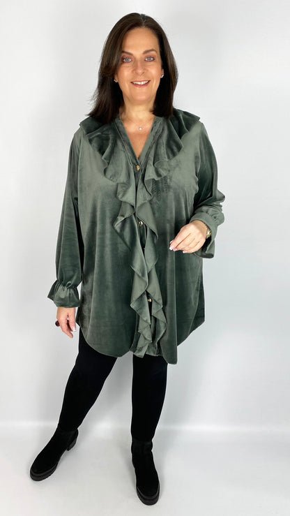 Ruffle-front velour shirt (4 Colours) - back in! Limited