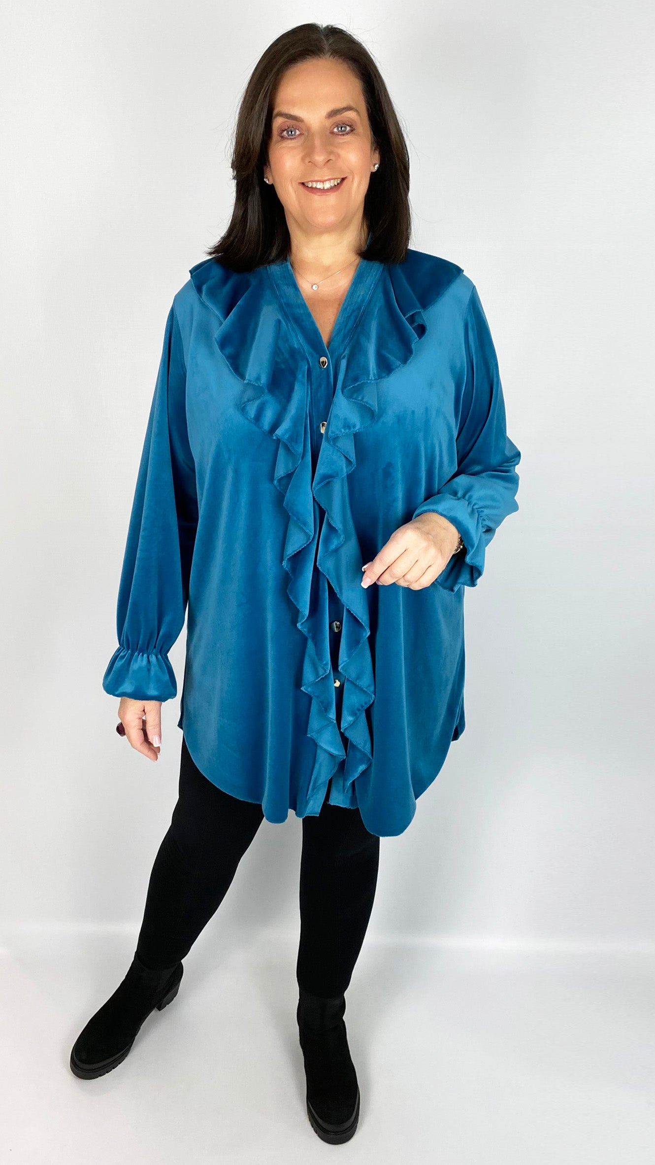 Ruffle-front velour shirt (4 Colours) - back in! Limited