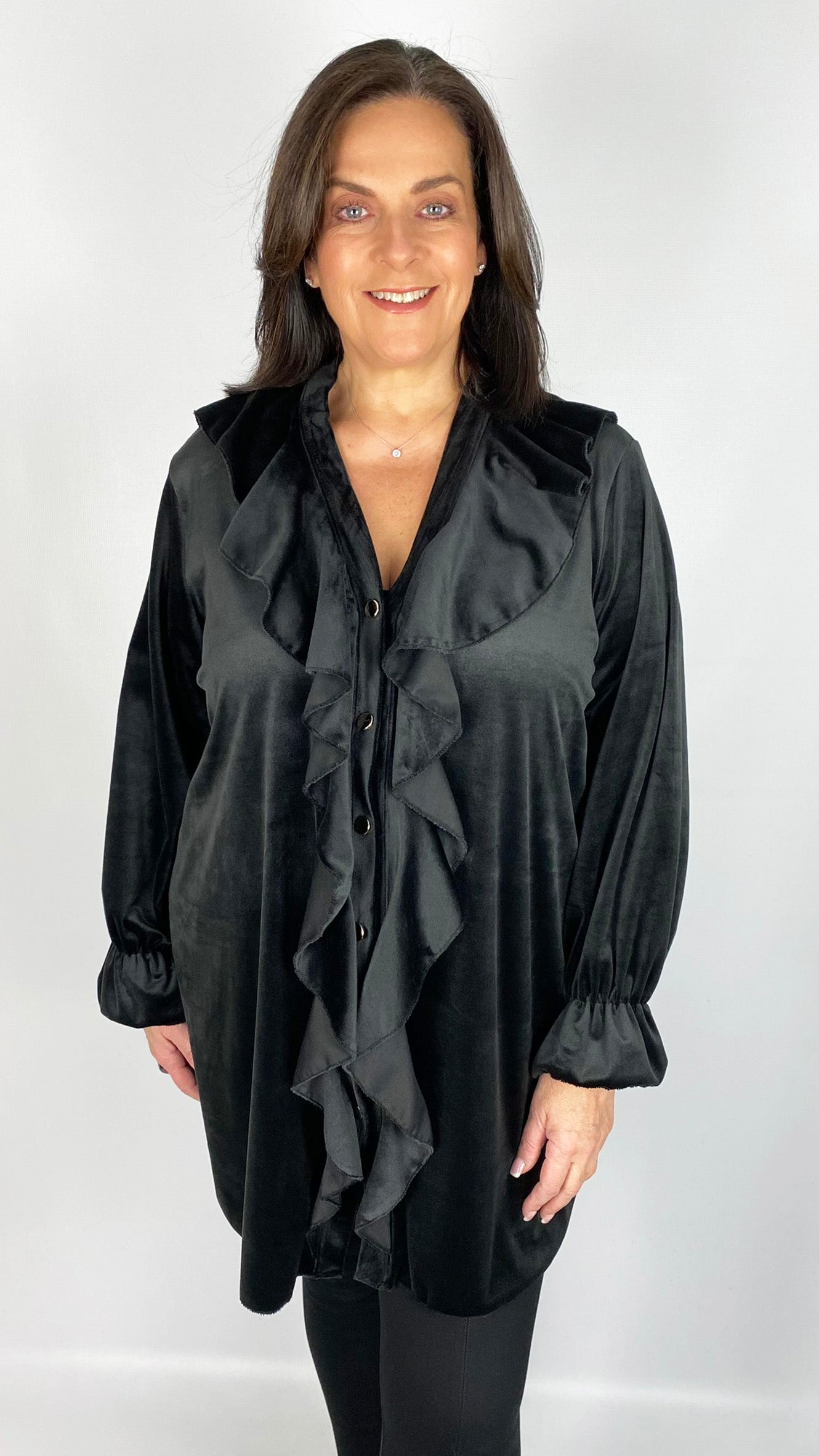 Ruffle-front velour shirt (4 Colours) - back in! Limited